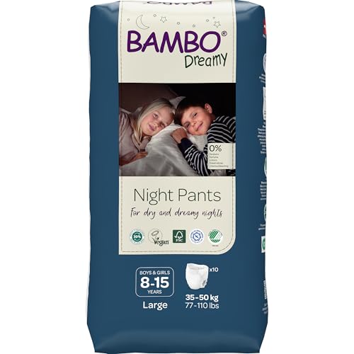 Bambo Dreamy Windelhöschen für die Nacht, Größe Large, (35–50 kg/77–110 Pfund), 10er Packung | Pull-Up-Windeln für Kinder | Ultra-saugfähige Night Pants bei nächtlichem Einnässen
