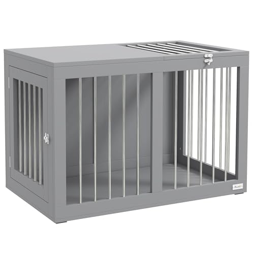 PawHut Hundekäfig Möbel mit 2 Türen Stahl Hundebox für Zuhause Indoor Hundehütte für mittelgroße Hunde bis zu 20 kg Beistelltisch Hundehaus 80 x 50 x 56,5 cm Grau