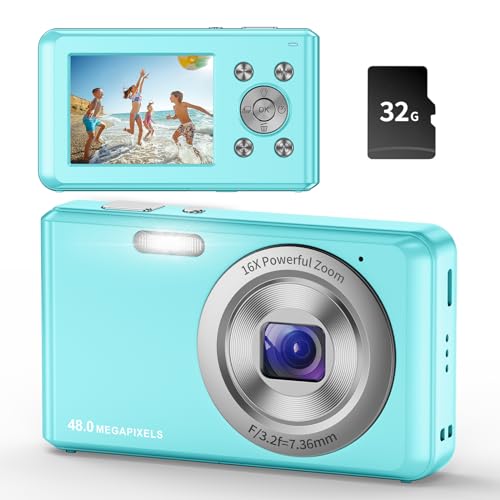 Digitalkamera,HD 1080P Fotokamera Kompaktkamera mit 32GB Karte, 48MP Fotoapparat 2,4 '' LCD 16X Digital Zoom Digital Kamera für Kinder, Mädchen,Teenager, Jungen, Anfänger(Blau)