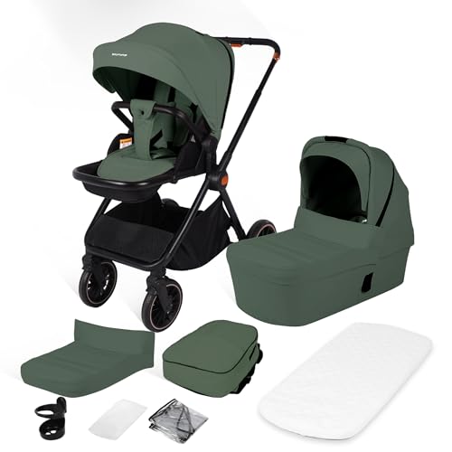 BabyVoyage Kombikinderwagen 2-in-1 ohne Babyschale – Babywanne & Sportsitz, Räder 360° Stoßdämpfer, Federung, Höhenverstellbarer Griff, Zusammenklappbar, Zubehör-Sternenhimmel-Grün