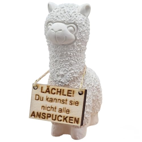 Lustige Alpaka Figur mit Holzschild – „Lächle! Du Kannst sie Nicht alle anspucken“ – Deko Tier aus Guss – Geschenkidee für Büro, Kollegen & Freunde – Lama Dekofigur