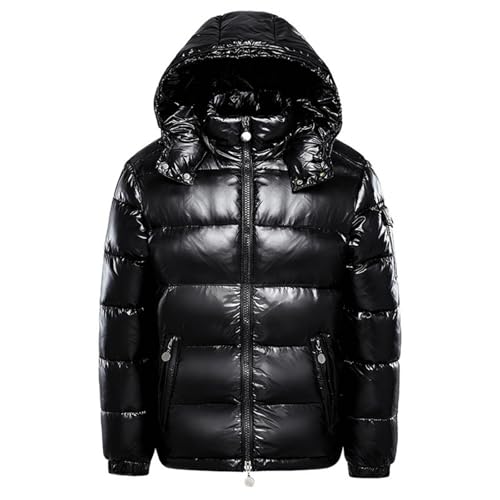 Puffer Jacket, Glänzende Daunenjacke Herren Damen Warme Parka Mantel Mit Kapuze Winter Schnee Unten Dicke Jacken Metall Glänzende Winterjacke Schwarz Langarm Wintermantel Mit Reißverschluss