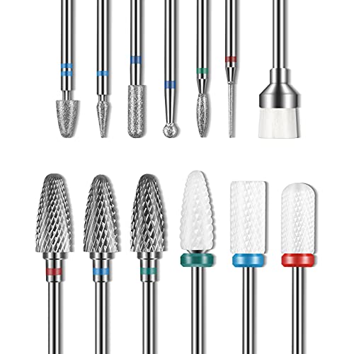 Depvko 13-teiliges Nagelbohrer-Set, Bohrer für Nägel, 3 Stück Wolframkarbid-Bohrer + 3 Stück Keramik-Efile-Nagelbohrer + 6 Stück Diamantbohrer + 1 Stück Bürste, 3/32 Zoll Nagel-Bits für Nagelbohrer