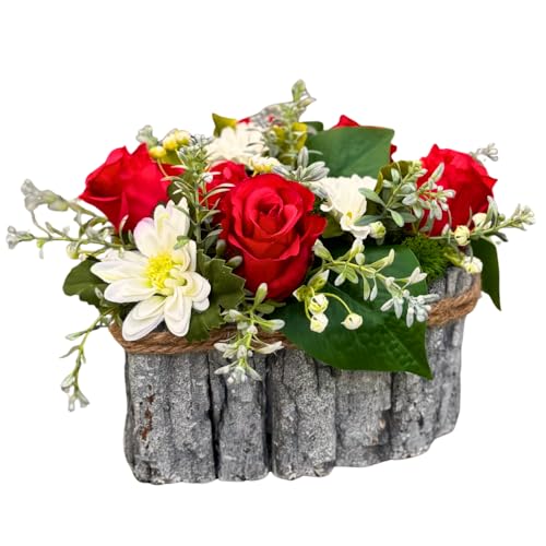 Künstliches Grabgesteck Friedhofsblumen im Holz Topf mit roten Rosen Gänseblümchen | 17x25cm groß wie Echt handmade EU | für Grabstätte Urnengrab auch Zuhause o. Geschäft | Innen und Außenbereich