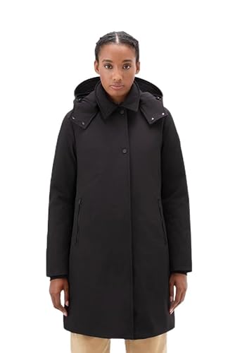 WOOLRICH Damen Winter Parka, Schwarz, XL, Langarm, Trench Coat, Wasserfest, Daune mit Chevron-Steppung, Spitzenkragen, Reißverschluss, Knopfleiste, Schrägtasche, Herbst, Winter
