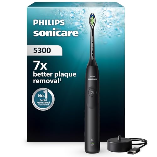 Philips Sonicare 5300 elektrische Zahnbürste, Schallzahnbürste mit 2 Intensitätsstufen, Andruckkontrolle, EasyStart, Smartimer und BrushPacer, Schwarz, Modell HX7101/01 [Neue Technologie]