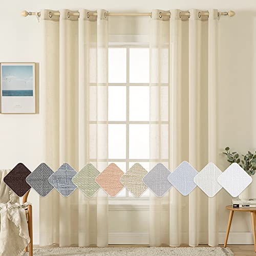 MIULEE 2er Set Voile Vorhang Sheer Leinenvorhang mit Ösen Transparente Leinen Optik Gardine Ösenschal Wohnzimmer Fensterschal Lichtdurchlässig Dekoschal Schlafzimmer 140x245cm (B x H) Beige