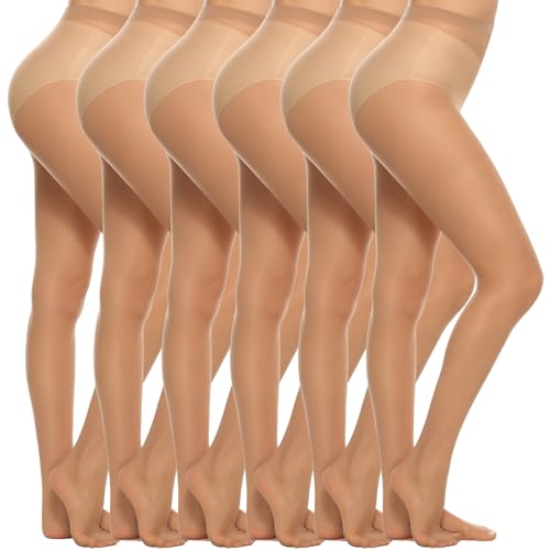 MANZI 6 Paar Feinstrumpfhose Damen Transparent Strumfphosen 20 Denier Ohne Muster Seidig Glänzende Natürliche Nackte,L
