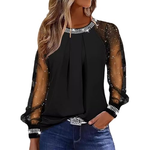 Generisch Damen Pailletten Oberteil Elegant Langarm Glitzer Pullover Silvester Outfit Damenpullover Langarm XXL Schwarz
