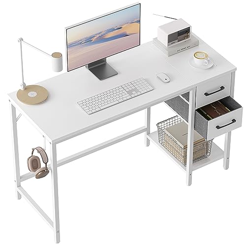 CubiCubi Schreibtisch mit 2 Schubladen und Kopfhörerhaken, 100×50×75cm Kleiner Computertisch, Bürotisch, für Arbeitszimmer, Schlafzimmer, Metallgestell, Weiß