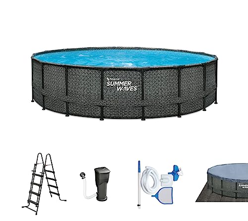 Summer Waves Frame Pool Komplettset | Rund 488x122 cm Rattanoptik Grau | Aufstellpool Set | Gartenpool & Schwimmbecken inkl. Filterpumpe, Einstiegsleiter, Abdeckplane, Bodenvlies & Reinigungsset