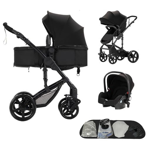 3-in-1 Baby Kombikinderwagen, Babywanne, Sportwagen und Autositz, for 0-36 Monate Babys (Schwarz)