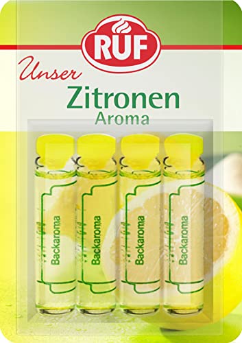 RUF Backaroma Zitrone, 4 Fläschchen Zitronenaroma, fruchtig frische Zitronen-Note für Teig , Cremes und Getränke, glutenfrei und vegan, 4 x 2g
