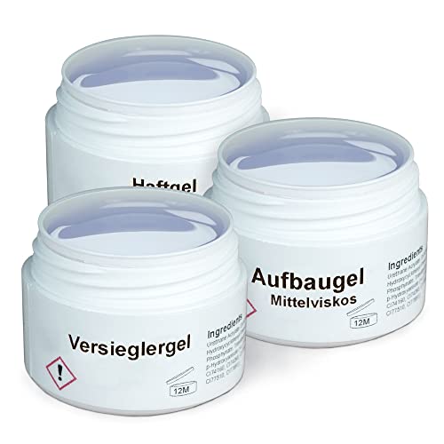 GS-Nails UV Gel-Set - 3X 5ml Nagelgel für Nail-Art & Nagel-Design - Haftgel, mittelviskoses Aufbaugel, Versiegelungsgel - 15ml