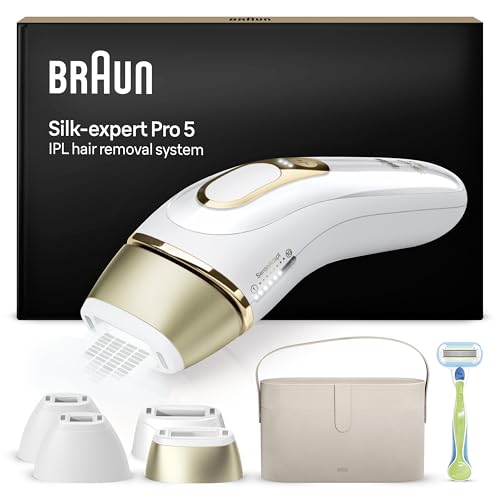 Braun IPL Silk·expert Pro 5 – IPL Haarentfernungsgerät, Dauerhafte und Schmerzfreie Haarentfernung für Zuhause – inkl. Etui, Venus Rasierer, 4 Aufsätze, Designed In Germany – PL5342, Weiß/Gold