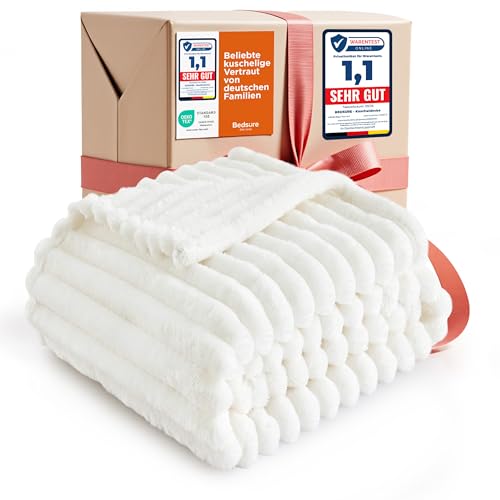 BEDSURE Kuscheldecke - Wolldecke & Fleecedecke, Sofadecke, Weiche Warme Grobe Korddecke für Zimmer Deko, Wohn- & Kuscheldecken, Tagesdecke, Wollweiß, 150 x 200 cm