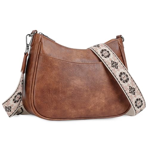 APHISON Klein Crossbody Bag mit Breitem Gurt Schultertasche Umhängetasche Damen veganem Leder Handtasche Tasche mit Abnehmbarem Schultergurt Kartenschlitz Reisetasche braun