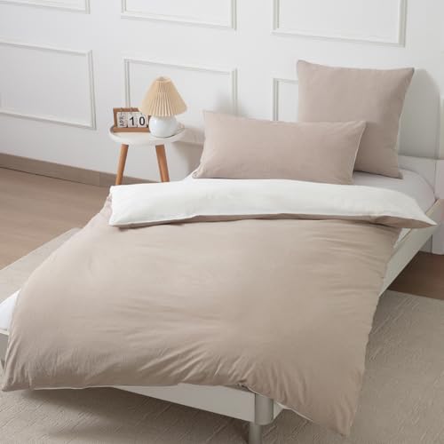 Nesture Bettwäsche 140x200 Baumwolle Beige/Weiß - Bettwäsche-Sets 2teilig Weich, 100% Gewaschene Baumwoll, Enthält 1 Bettbezug 140x200cm und 1 Kissenbezug 80x80 mit Reißverschluss