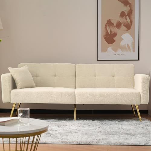 Kebnor Schlafsofa mit Bettfunktion, verstellbarem Winkel, goldenen Beinen, mit Kissen und seitlichen Aufbewahrungstaschen (Beige)