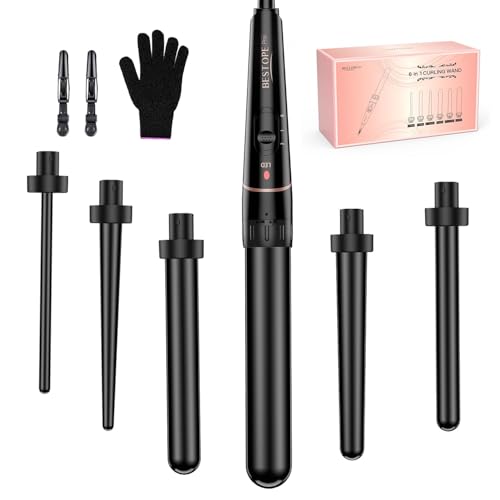 BESTOPE PRO 6-in-1 Lockenstab Große Locken und Kleine, Lockenstäbe, Lockenstab Mit Verschiedenen Aufsätzen, Handschuhen Temperatur Einstellbar, Schwarz