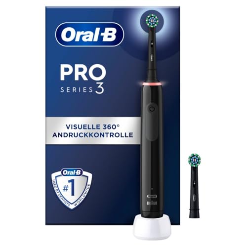 Oral-B PRO 3 3000 Elektrische Zahnbürste — Electric Toothbrush Inkl. 2 CrossAction Aufsteckbürsten mit 3 Putzmodi und visueller 360° Andruckkontrolle für Zahnpflege, Zahnbürste Elektrisch — Schwarz