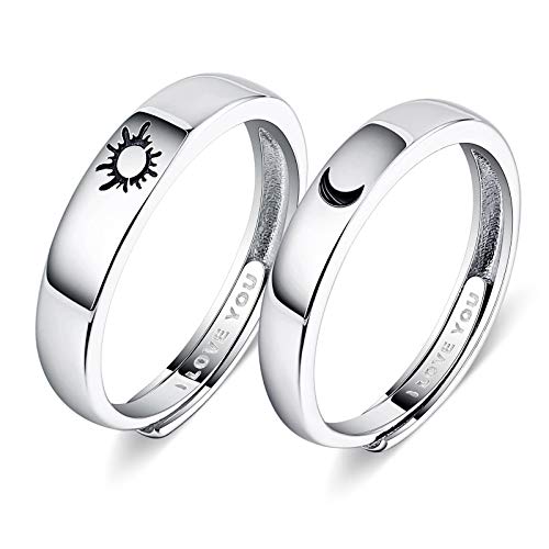 Beydodo Verlobungsring Paar 925 Silber Ringe Set, Partnerringe Verstellbar mit Gravur I LOVE YOU Sonne und Mond Ringe Silber Trauringe und Ehering Nickelfrei