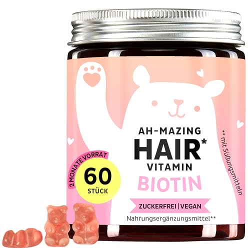 Biotin-Gummibärchen Ah-mazing Hair - Vitamine für Haare, Haut und Nägel – 5000 µg Biotin, Zink, Vitamin C, E & Jod – 60 Stück (2-Monatsvorrat), Vegan, Zuckerfrei, Bears with Benefits