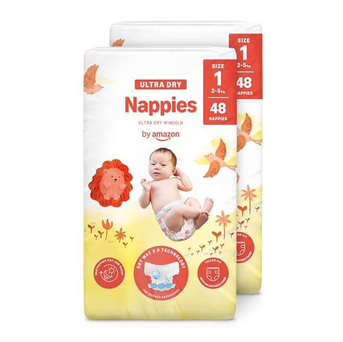 Amazon-Marke: Mama Bear Ultra Dry Windeln Größe 1 (2-5 kg) - MONATSBOX, Weiß, 96 Stück (2 Packungen mit 48)