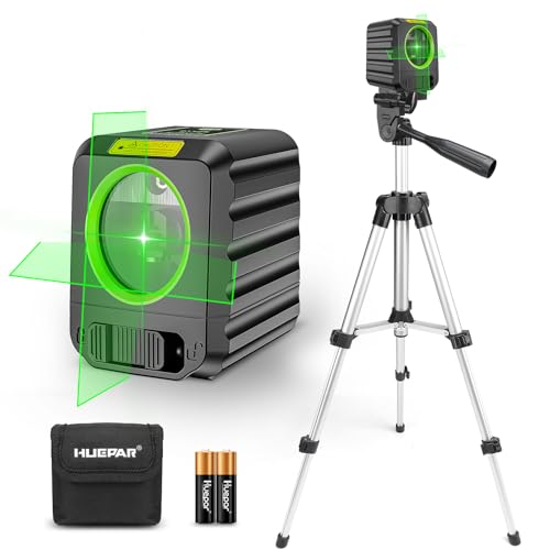 DIY Kreuzlinienlaser mit Stativ, Huepar 30M selbstnivellierendes Laserwasserwaagenwerkzeug, grüner Kreuzlinienlaser zum Aufhängen von Bildern, Fliesen, Bauprojekten, Batterie und Tragetasche inklusive