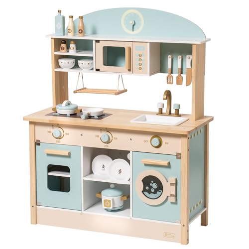 ROBUD Kinder Holzspielküche,Küchenspielzeug,Spielzeugküche,für Jungen und Mädchen ab 3 Jahren,Geburtstags, Geschirr und Gewürzen