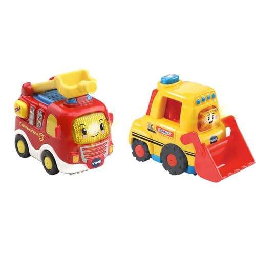 Vtech TUT TUT Baby Flitzer - Feuerwehrauto – Spielzeugauto mit Musik & TUT TUT Baby Flitzer - Bagger – Spielzeugauto mit Musik, aufleuchtender Taste