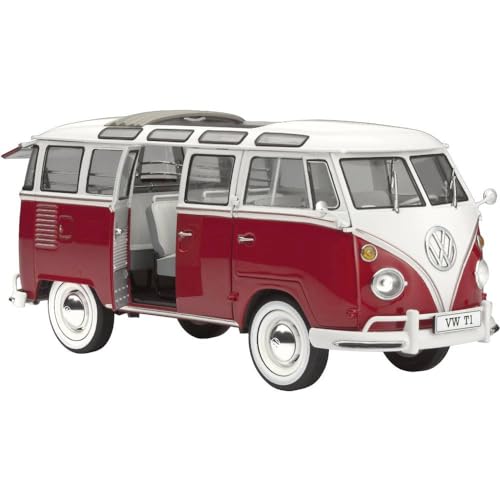 Revell 07399 Volkswagen VW T1 Samba Bus, Maßstab 1:24, 18,1cm originalgetreuer Modellbausatz für Fortgeschrittene, Automodell, Rot/Weiß