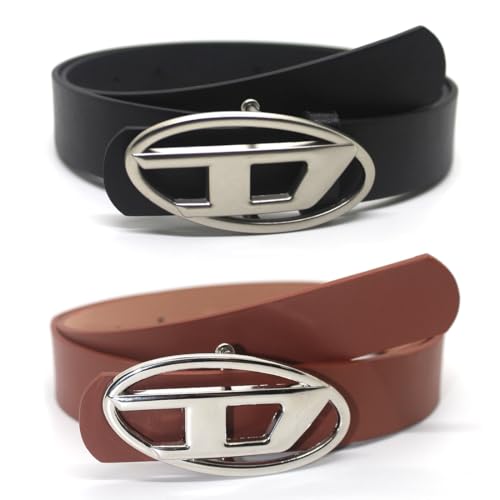 UENXRXE 2 Stück Y2K Gürte, Ovale Metall-Buchstabenschnalle, 105Cm Pu Vintage Gürtel, Dekorativer Gürtel, Luxuriöses Design, Persönlichkeit, Vielseitiger Schmuck(Schwarz/Braun)