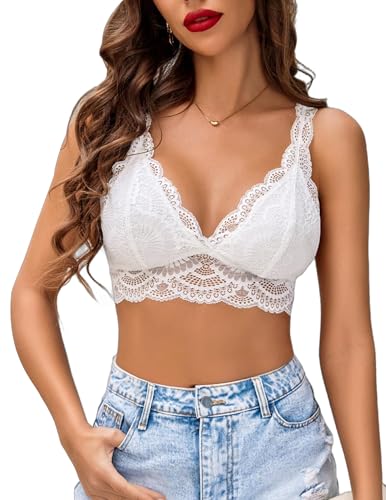 Avidlove Damen BH Spitze Sexy Everyday Bra Ohne Bügel BHS V-Ausschnitt Bralette Vollschalen Minimizer Bras Lace BH-Unterwäsche,WeißXL