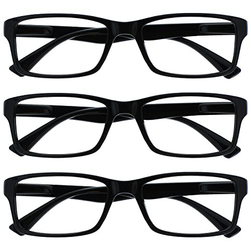 OPULIZE PEP Lesebrille für Damen und Herren - 3er Pack - Große Rechteckige Brille - Komfortable Federscharniere - Kratzfest - Schwarz - UVR +1.50