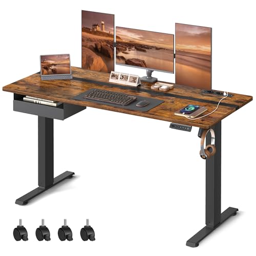 VASAGLE Höhenverstellbarer Schreibtisch elektrisch, mit Steckdose und Schublade, 60 x 140 cm Tischoberfläche, stufenlos verstellbar, Memory-Funktion mit 4 Höhen, vintagebraun-schwarz LSD114X01