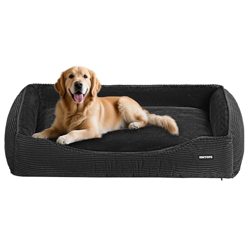 HMTOPE Hundebett, Hundesofa, Hundematte aus Cord, S/M/L, rutschfest, Abnehmbar und Waschbar, Weich und Atmungsaktiv, Dunkelgrau, 110 x 85 x 27 cm