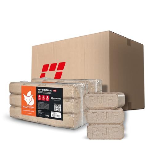 HEIZFUXX Holzbriketts RUF Original Red - Hartholzbriketts 20 kg (2x10 kg) - Premium Briketts für Kamin, Heizkessel & Ofen - Hoher Heizwert, geringer Aschegehalt & maximale Energieausbeute