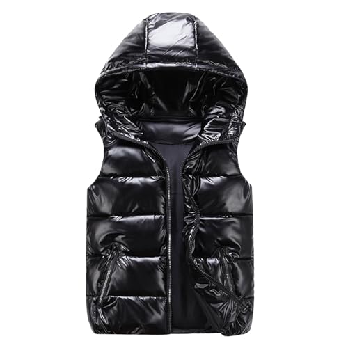 Generisch Unisex Weste, 2024 Winter Warme Männer Leichte Kapuzenkugeln Daunenweste Ärmellose Gesteppten gepolstete glänzende Gilet Steppweste Glänzend Damen - Ärmellose Steppjacke (Black, M)