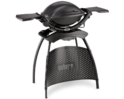 Weber Q 1400 Elektrogrill mit Stand/Tragbarer Stadtgrill, Porzellanemaillierter Gusseisenrost, Schnellheizelement, 43 x 32 cm Grillfläche, Abnehmbare Auffangschale, 1,8 m Netzkabel, Schwarz