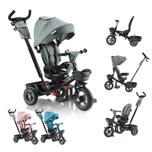 FableKids 5in1 Dreirad ab 9 Monate bis 25kg | Kinderdreirad mit Schubstange, 360° drehbarem Sitz, Verdeck mit Sonnenschutz, 3-Punkt-Gurt, PU-Reifen, Korb & Zubehör für Babys & Kleinkinder | Grau