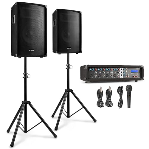 Vonyx VX210 DJ Anlage für Anfänger, Musikanlage mit 2 Lautsprecher Boxen, 2X Boxenstativ, Audio Mischpult, 2X Mikrofon, DJ Set Komplett für Beginner, Beschallungsanlage, Party Gig, Hochzeiten