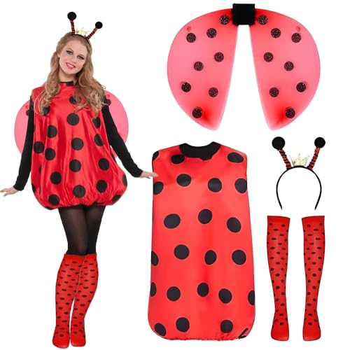 XPJBKC Marienkäfer Kostüm Damen 4 Stück Marienkäfer Kostüm Erwachsene Karneval Kostüme für Damen Marienkäfer Ladybug Kostüm für Karneval Cosplay
