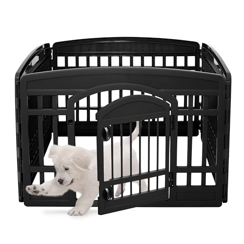 Iris Ohyama Welpenauslauf mit 4 Paneelen und abschließbarer Tür, H60cm, Schwarz, Katzengehege, Hundebox, Für Outdoor, Indoor, Welpenlaufstall, Hundezaun, Welpenzaun, Laufstall Hund, CI-604E WD