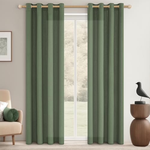 MRTREES Vorhang Leinenoptik Oliv-grün Lichtdurchlässig Gardinen Schals 2 Set mit Ösen für Wohnzimmer, 225 cm Lang, 140 cm Breit, Leinen Vorhänge Kinderzimmer Junge Curtains Living Room