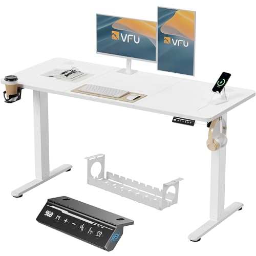VFU Höhenverstellbarer Schreibtisch 140 x 60 cm mit USB-C Ladeanschluss, Schreibtisch Höhenverstellbar Elektrisch mit Memory Funktion, Steh-Sitz Tisch, Computertisch für Büro, Standing Desk, Weiß Pro