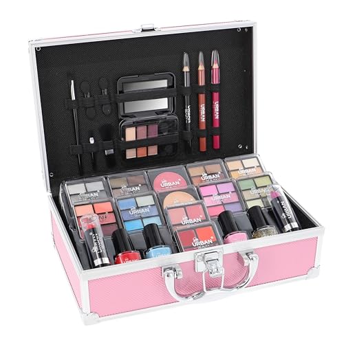 LOVE URBAN BEAUTY Veganes Hot Pink Schminkkoffer - 82-teiliges Schminkset für Teenager und Frauen mit Lidschatten, Rouge, Lippenstiften und Nagelprodukten - lustiger Reise-Schminkkoffer für Mädchen