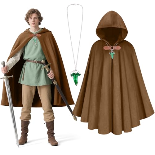 BSBUY Unisex Mittelalter Set mit Umhang und Grüne Blattkette Mittelalter Umhang mit Kapuze Renaissance Cloak Wikinger Kleidung Damen Cape Herren Gandalf Kostüm Halloween Costume Umhang Karneval(Braun)