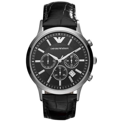Emporio Armani Herrenuhr , Chronographenwerk, 43mm Silber / Stahl Edelstahlgehäuse mit einem Lederarmband, AR2447