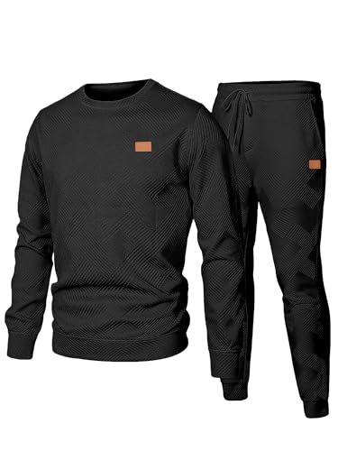 JMIERR Herren Jogginganzug Set 2-Teiliger Sweatshirt Trainingsanzug Casual Sportanzug Herren Sweatshirts und Jogginghose Tracksuit sets mit Strukturmuster,Schwarz L